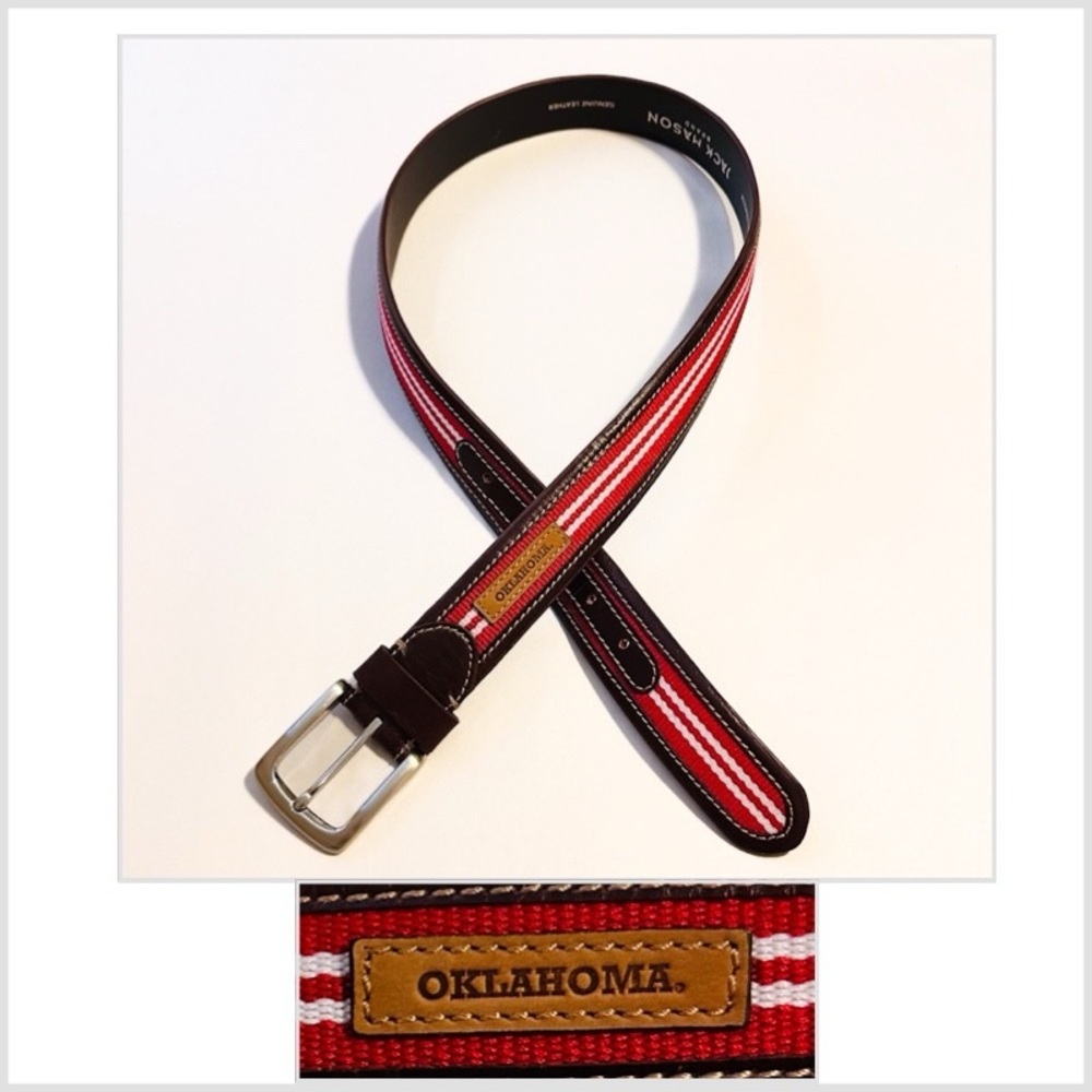 Jack Mason Oklahoma Tailgate Belt Brown LeatherTrim Red / White Webbing Size 34